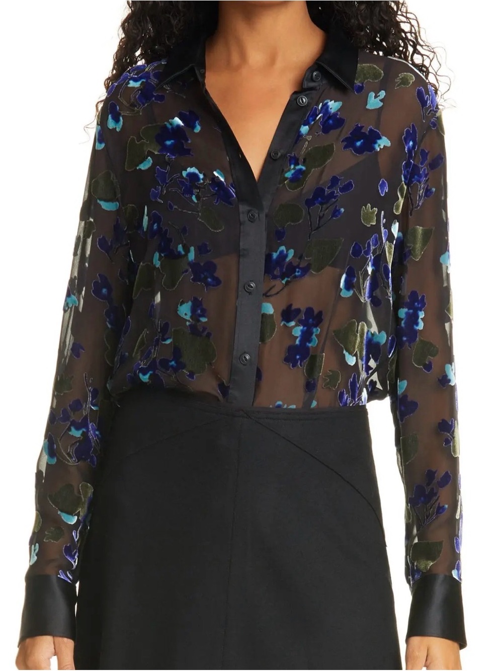RAG & BONE BLACK VELVET BURNOUT GIGI BLOUSE PURPLE GREEN FLORAL WOMENS LARGE